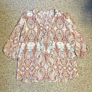 Rose + Olive Floral Pintuck Blouse Size 1X Popover 3/4 Sleeves Sheer Beachy Boho